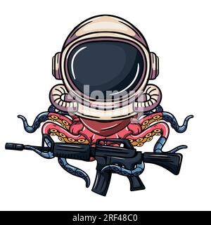 Comics-Figur Octopus Cyborg Entdecker im Astronautenanzug mit Maschinengewehr. Illustration für Fantasie, Science-Fiction und Abenteuer-Comics Stock Vektor