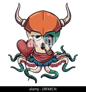 Cartoon Cyborg Octopus Charakter mit wikingerhelm, Herzballon und Rauchen einer Pfeife. Illustration für Fantasie, Science-Fiction und Abenteuer-Comic Stock Vektor