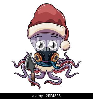 Cartoon-Oktopus-Figur mit weihnachtsmann-Hut und einer Axt im Tentakel. Illustration für Fantasie, Science-Fiction und Abenteuer-Comic Stock Vektor
