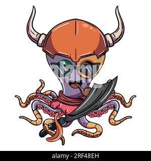 Cartoon-Cyborg-Oktopus-Figur mit wikingerhelm, Piratenschwert und Pfeife. Illustration für Fantasie, Science-Fiction und erw Stock Vektor