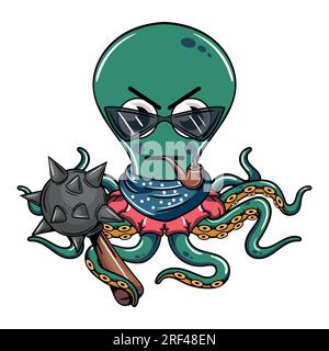 Cartoon-Cyborg-Oktopus-Figur mit Brille, die eine Pfeife mit einer Kriegspferde raucht. Illustration für Fantasie, Science-Fiction und Abenteuer-Comics Stock Vektor