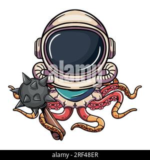 Comic-Figur Octopus Cyborg Astronaut mit Raumanzug und Kriegspferd. Illustration für Fantasie, Science-Fiction und Abenteuer-Comics Stock Vektor