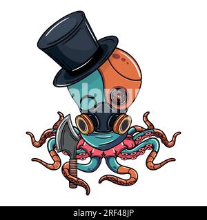 Cartoon-Cyborg-Oktopus-Figur mit Hut und Axt. Illustration für Fantasie, Science-Fiction und Abenteuer-Comics Stock Vektor