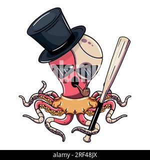 Cartoon-Cyborg-Oktopus-Figur trägt einen schicken Hut und raucht eine Pfeife mit einem Baseballschläger. Illustration für Fantasie, Science-Fiction und Abenteuer C. Stock Vektor