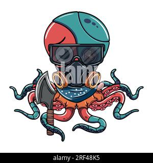 Cartoon-Cyborg-Oktopus-Figur mit Brille, Gasmaske und einer Axt in seinem Tentakel. Illustration für Fantasie, Science-Fiction und Abenteuer-Comics Stock Vektor