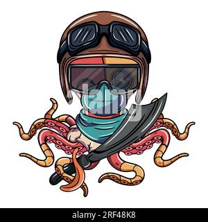 Cartoon-Charakter des Octopus cyborg Flugzeugpiloten mit Brille, Maske und Piratenschwert. Illustration für Fantasie, Science-Fiction und Abenteuer-Comics Stock Vektor