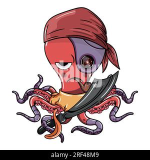 Cartoon-Figur ungeduldiger Pirat Captain Cyborg Oktopus mit seinem Schwert, der eine Pfeife raucht. Illustration für Fantasie, Science-Fiction und Abenteuer-Comic Stock Vektor