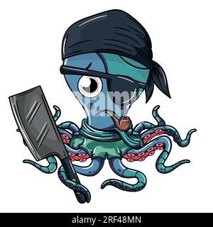 Cartoon-Pirat Cyborg Octopus mit Augenpfeife und Fleischermesser in der Hand. Illustration für Fantasie, Science-Fiction und Abenteuer Stock Vektor