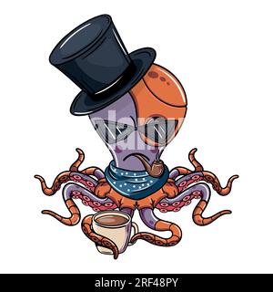 Cartoon Angry Cyborg Oktopus Charakter raucht eine Pfeife mit einer Tasse Kaffee. Illustration für Fantasie, Science-Fiction und Abenteuer-Comics Stock Vektor