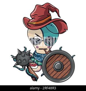 Verärgerter Cartoon Cyborg Oktopus Charakter mit Hexenhut raucht eine Pfeife bewaffnet mit Kriegspferd und Schild. Illustration für Fantasie, Science-Fiction und Stock Vektor