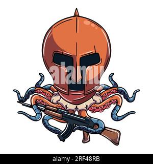 Cartoon-Cyborg-Oktopus-Figur mit mittelalterlichem Gladiatorenhelm und Schrotflinte. Illustration für Fantasie, Science-Fiction und Abenteuer-Comics Stock Vektor