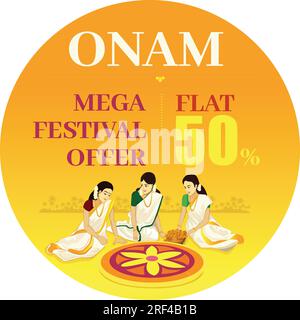 Happy Onam Festival Konzept. Abbildung einer Frau in Kerala Saree, die Pookalam macht Stock Vektor