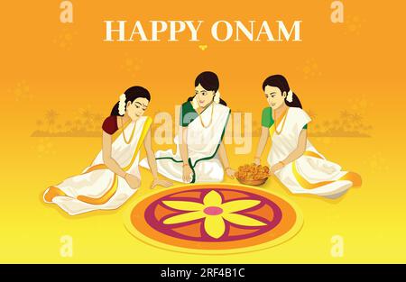 Happy Onam Greetings, traditionelle Frauenkleidung in Kerala Sari, Thiruvonam, Pookalam, Festival of India Stock Vektor