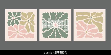 Trendige Pastelltöne, moderne Wandbilder, Poster, Kartenvorlagen. Hippie-Stil, Kamille, Gänseblümchen, abstrakte Blumenkompositionen. Stock Vektor