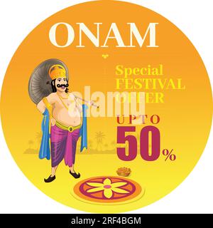 Happy Onam, Pookkalam, Mahabali Vector Illustrations Design, Indien alter König. Kerala Festival Happy Onam Grußwort. Logo Für Den Verkauf Stock Vektor