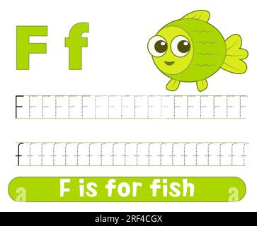 Der Buchstabenbuchstabe f mit süßem Fisch. Arbeitsblatt für Kinder. Stock Vektor