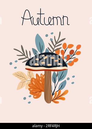 Saisonaler Herbst mit Pilzen, bunten Blättern, Beeren. Perfekt für den Online-Gebrauch, Banner, Karten und Thanksgiving-Dekor. Vektordarstellung Stock Vektor