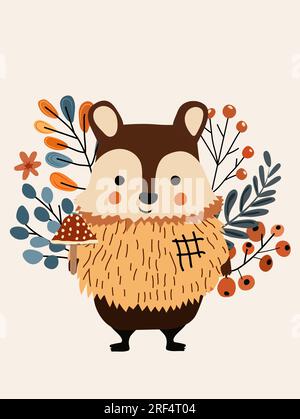 Süßer Waldbär mit wilden Beeren und Blättern. Waldtiere. Perfekt für Web, Banner, Karten, Poster. Vektordarstellung. Stock Vektor