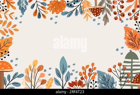 Boho-Banner mit Elementen im Herbst, bunten Bäumen, Herbstblättern, Pilzen und Waldbeeren. Perfekt für Web, Erntefest, Banner, Karten und Thanksgiving. Vektor Stock Vektor