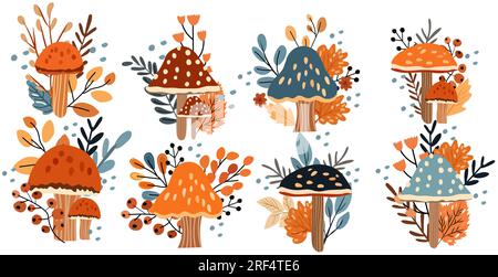 Saisonaler Herbst mit Pilzen, bunten Blättern, Beeren. Perfekt für den Online-Gebrauch, Banner, Karten und Thanksgiving-Dekor. Vektordarstellung Stock Vektor