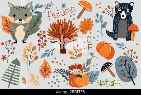Saisonales Herbstbanner mit Wildtieren, Gemüse, Bäumen, Blättern und süßem Waschbär und lustigem Wolf. Banner ideal für Web, Erntefest, Banner, Karten, Thanksgiving. Vektordarstellung. Stock Vektor