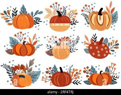 Herbstkollektion mit Kürbisgemisch, bunten Blättern und roten Beeren. Ideal für Websites, Banner, Grußkarten, Thanksgiving. Vektordarstellung Stock Vektor