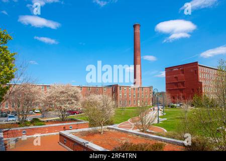 Lawrence Mills im Lowell National Historic Park im historischen Stadtzentrum von Lowell, Massachusetts, MA, USA. Dieses Gebäude ist Teil von UMass Lowe Stockfoto