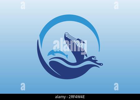 Wale mit Delfinen, die über Wellen springen. Spa-, Sport- und Reisevektorlogo Stock Vektor