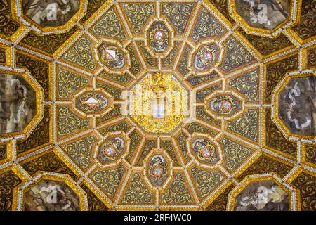 Gewölbte Decke mit Wappen, Sala dos Brasões, Manueline-Stil, Nationalpalast Sintra, Palácio Nacional de Sintra, Portugal Stockfoto