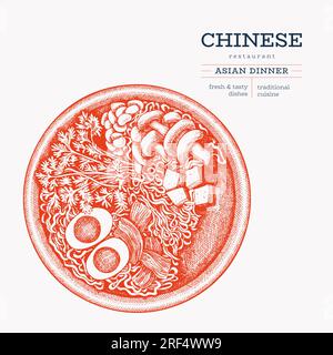 Chinesische Dish Illustration. Von Hand Gezogene Ramen-Suppe. Illustration: Asiatische Küche Im Vintage-Stil. Stock Vektor