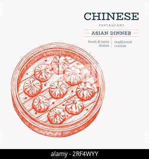 Chinesische Dish Illustration. Von Hand Gezogenes Isoliertes Dim Sum-Set In Bamboo-Dampfgarer. Asiatische Teigtaschen Im Vintage-Stil. Stock Vektor