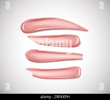 Sammlung von Abstrichen Lippenstift, Flüssigstiftung oder Karamellcreme isoliert auf hellem Hintergrund für Werbeflyer, Banner, Flugblatt. Schönheit und Kosmos Stock Vektor
