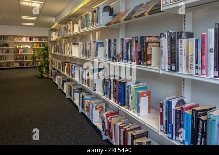 Inneneinrichtung der lokalen Bibliothek der Stadt Farnborough mit Büchern, die in Regalen ausgeliehen werden können, Hampshire, England, Großbritannien Stockfoto