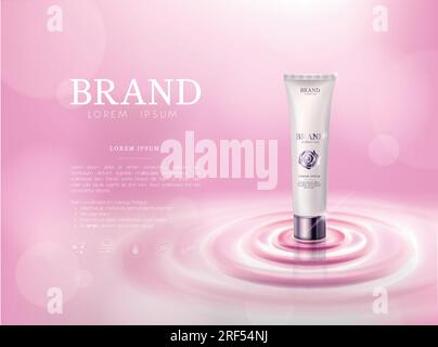 Feuchtigkeitsspendende Rosen-/Kamelienblüten-Kosmetikhaut in Röhrenwerbung Vorlage für Werbung, kosmetisches Modell auf Wasser und isoliert. Stock Vektor