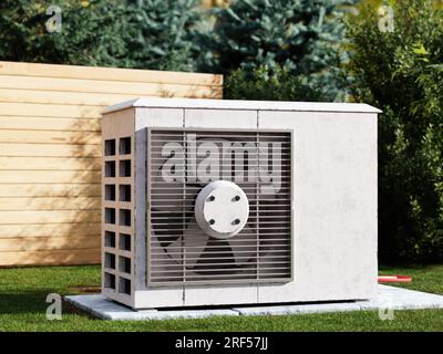3D-Rendering einer im Hausgarten installierten Wärmepumpenanlage Stockfoto