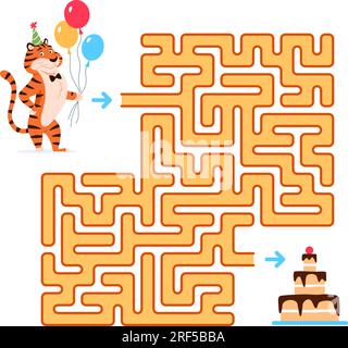 Labyrinth-Spiel für Kinder mit Tiger auf weißem Hintergrund. Stock Vektor