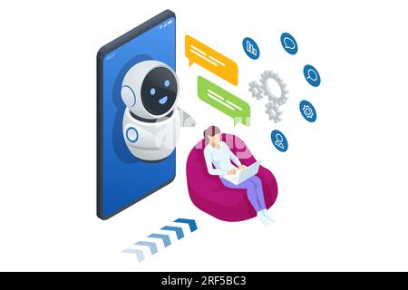 Isometrische Künstliche Intelligenz, Wissen Expertise Intelligenz Lernen. Internet-Verbindung Chatgpt Chat mit KI, künstliche Intelligenz. Stock Vektor