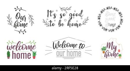Gemütliche Sätze zum Thema Zuhause. Postkartendesign. Ein Flyer, ein Banner. Vektordarstellung. Stock Vektor