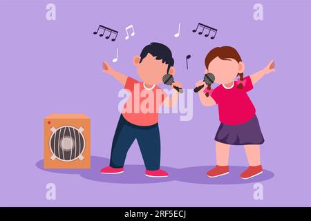 Cartoon mit flachem Stil, der fröhliche kleine Jungen und Mädchen beim Schulfestival singen lässt. Glückliche Kinder mit guter Leistung auf der Bühne. Wunderschöner melodischer Song Stockfoto