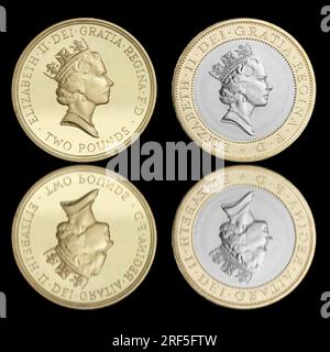 Die Münze aus der Zeit vor 1997 £2 mit der neuen bimetallischen £2-Version, die 1997 von der Royal Mint im Vereinigten Königreich ausgegeben wurde. Stockfoto