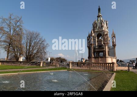 Genf, Schweiz - 25. März 2022: Das Brunswick-Denkmal ist ein Mausoleum, das 1879 im Jardin des Alpes erbaut wurde, um Karl II., Herzog von Br., zu gedenken Stockfoto