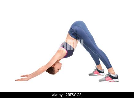 Junge Frau mit Yoga auf weißem Hintergrund Stockfoto