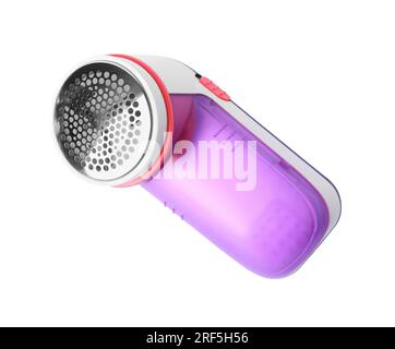 Moderner Rasierer aus violettem Gewebe auf weißem Hintergrund Stockfoto