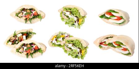 Collage mit leckeren Pita-Sandwiches, isoliert auf Weiß Stockfoto
