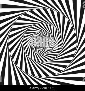 Radialer optischer Täuschungshintergrund. Abstrakte schwarze und weiße Linien in Kreisen. Poster, Banner, Vorlagendesign. Drehspirale oder Vortex-Illusion-Tapete. Vektor-Opt.-Grafik-Illustration Stock Vektor