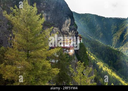 Malerischer Blick auf das heilige Kloster Paro Taktsang (Tigernest buddhistischer Tempel) an der Klippe des Paro-Tals in Bhutan Stockfoto