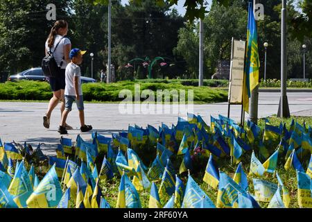 Zaporischschien, Ukraine. 31. Juli 2023. Die Einheimischen sehen Sie neben der Gedenkstätte, die den gefallenen Soldaten der ukrainischen Streitkräfte in Zaporischschien gewidmet ist. Die ukrainischen Streitkräfte sehen sich bei ihrem Vorstoß nach Süden mit bescheidenen Fortschritten und harter russischer Verteidigung großen Herausforderungen gegenüber, was es zu früh macht, um nennenswerten Erfolg zu beanspruchen, aber die Truppen sind hochmotiviert. Kredit: SOPA Images Limited/Alamy Live News Stockfoto