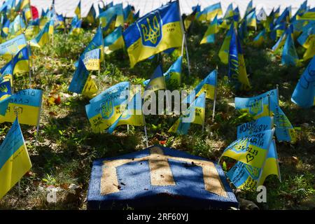 Zaporischschien, Ukraine. 31. Juli 2023. Ukrainische Flaggen sind an einer Gedenkstätte zu sehen, die den gefallenen Soldaten der ukrainischen Streitkräfte in Saporischschien gewidmet ist. Die ukrainischen Streitkräfte sehen sich bei ihrem Vorstoß nach Süden mit bescheidenen Fortschritten und harter russischer Verteidigung großen Herausforderungen gegenüber, was es zu früh macht, um nennenswerten Erfolg zu beanspruchen, aber die Truppen sind hochmotiviert. Kredit: SOPA Images Limited/Alamy Live News Stockfoto