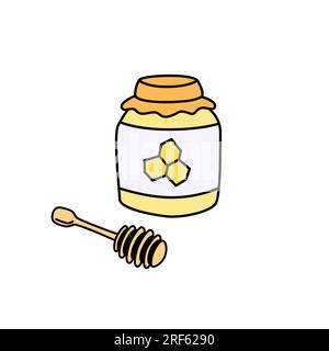 Honigdose und Löffel-Vektorkritzelchen isoliert. Handgezeichnete Darstellung des Umrisses Stock Vektor