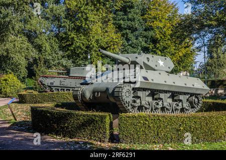 M10 Panzerzerstörer im Memorial Museum of the Battle of Normandie in Bayeux im Calvados-Departement der Normandie im Nordwesten Frankreichs Stockfoto